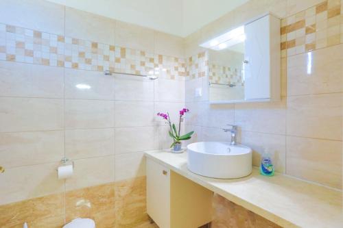 斯皮里登科夫Fran Apartments的白色的浴室设有水槽和镜子