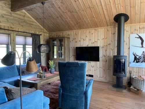 RaulandHjemmekoselig hytte på Rauland的客厅配有蓝色的沙发和炉灶。