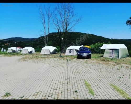 Yılmaz camping的一群帐篷和停车场的汽车