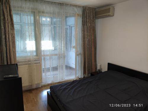 布加勒斯特Fabian central apartment的一间卧室设有一张床和一个大窗户