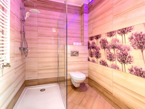 布拉索夫Apartamente Simona Brasov的一间带卫生间和玻璃淋浴间的浴室