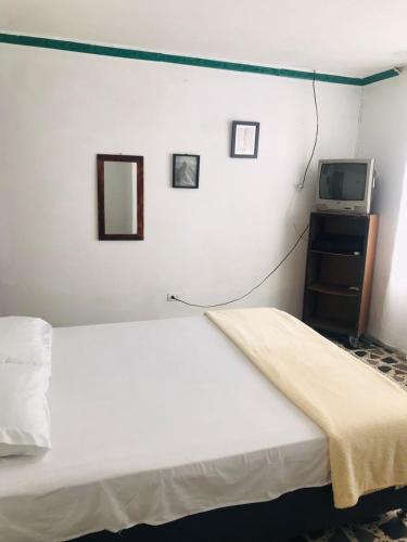 佩雷拉Hostal la 18的卧室配有白色的床和电视