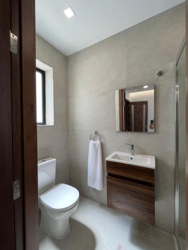圣朱利安斯St Julians Apartment的一间带卫生间、水槽和镜子的浴室
