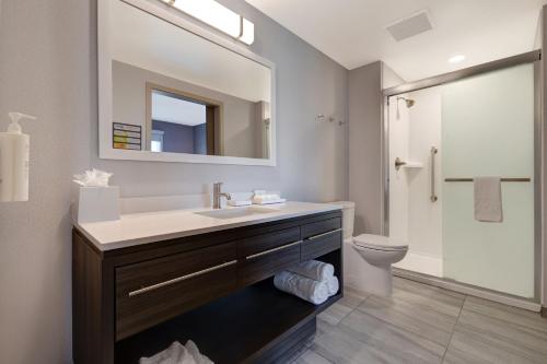 佩塔卢马Home2 Suites By Hilton Petaluma的一间带水槽、卫生间和镜子的浴室