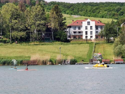 欧尔菲Life Apartman Orfű的一群人划着皮艇在湖上