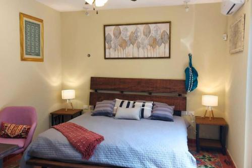 梅里达Casa Coco的一间卧室配有一张带两张桌子和两盏灯的床。