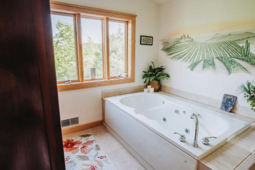 哈蒙兹波特Charming Hammondsport Home with Lake Views and Pool!的带浴缸的浴室和窗户