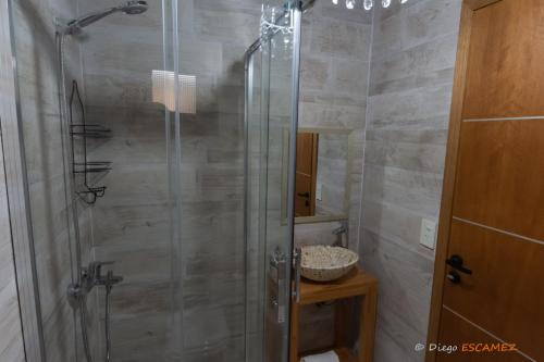 拉安戈斯图拉镇Departamento Lake Soul Villa La Angostura的浴室里设有玻璃门淋浴