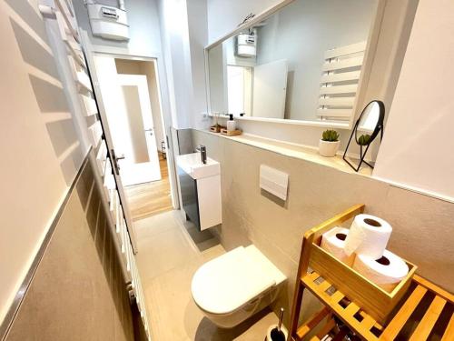 汉诺威60qm - 2 rooms - free parking - city - MalliBase Apartments的一间带卫生间和镜子的小浴室