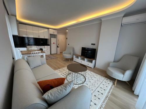 特拉布宗PURPLE VIP SUITE的带沙发和桌子的客厅以及厨房。