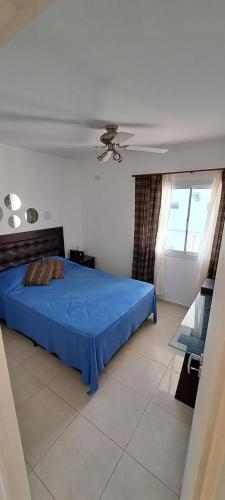 维拉阿连德Departamento Temporario - Barrio San Isidro (Malibu)的一间卧室设有蓝色的床和窗户。