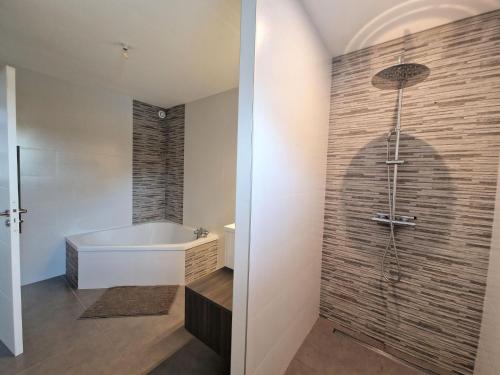 贝诺代Comfortable holiday villa in a quiet location in Bénodet的带浴缸和盥洗盆的淋浴浴室