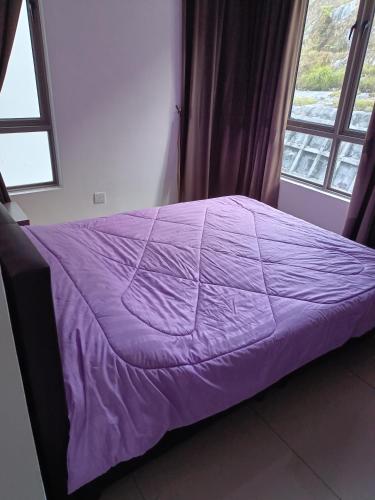 金马仑高原Cold house的带窗户的客房内的紫色床