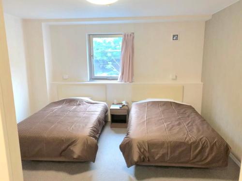 Hannan阪南国际HOTEL的一间卧室设有两张床和窗户。