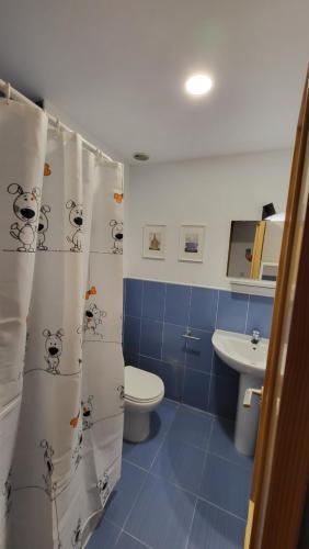 塞哥维亚Las Casitas de Bernuy VUT的一间带卫生间和淋浴帘的浴室