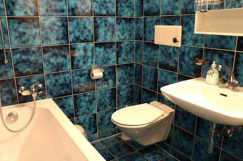 贝尔金Chesa Dominium的蓝色瓷砖浴室设有卫生间和水槽