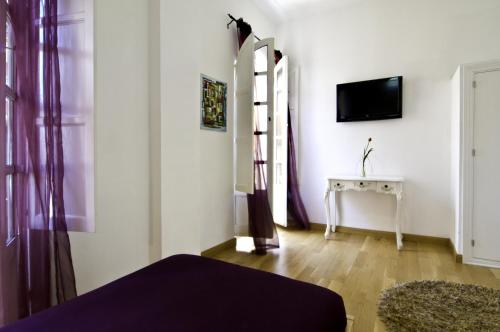 塞维利亚圣克鲁斯庭院酒店的客厅拥有白色的墙壁,墙上配有电视。