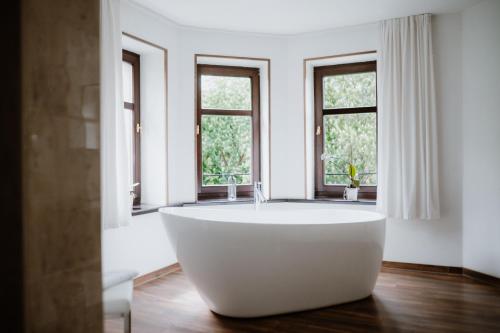 塔勒斯特克兰伯格城堡酒店的带窗户的浴室内的白色大浴缸