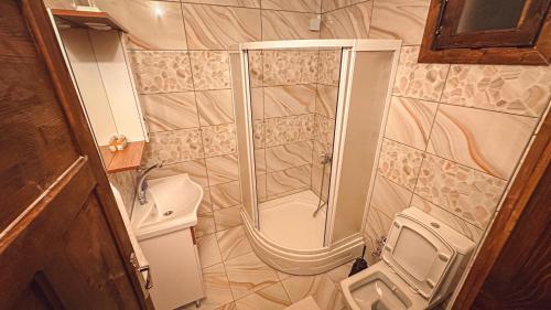 特拉布宗Zivera Bungalov的带淋浴和卫生间的小浴室