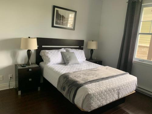 布罗蒙尚普兰街102号公寓的一间卧室配有一张带两盏灯的床和一扇窗户。