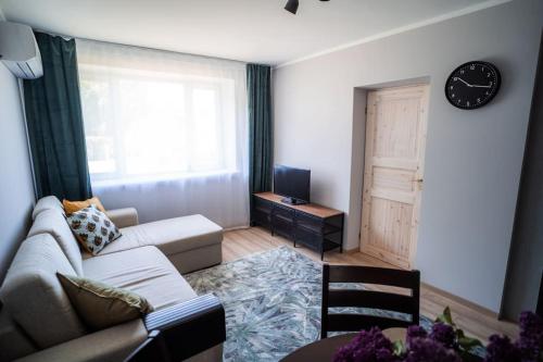 凯尔德拉Cozy apartment in the city center of Kärdla的客厅配有沙发和墙上的时钟