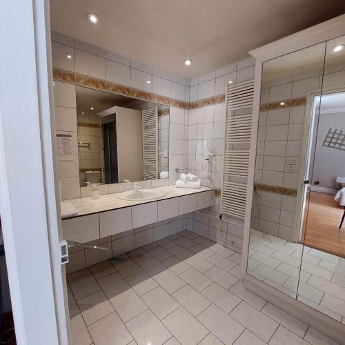 科博汉姆Manoir Les Cèdres的带淋浴、盥洗盆和镜子的浴室