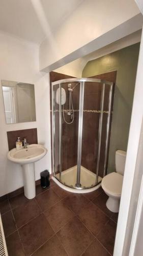 诺丁汉Studio Flat的带淋浴、卫生间和盥洗盆的浴室