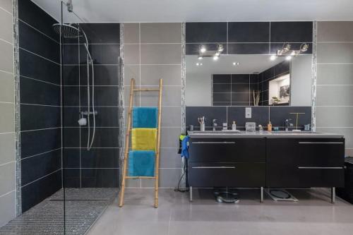 卡布列斯Villa de charme的浴室配有盥洗盆和带镜子的淋浴