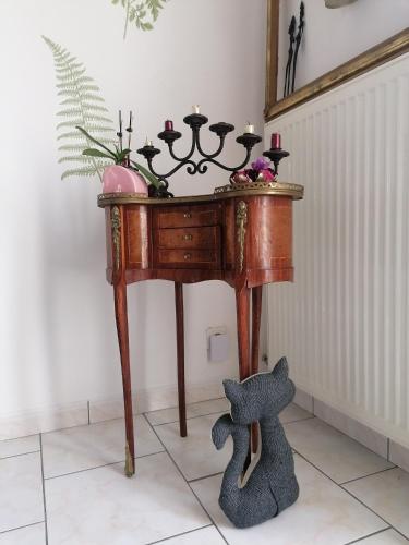 罗莫朗坦Chambre au coeur de la Sologne的地板上一张带蜡烛和狗的木桌