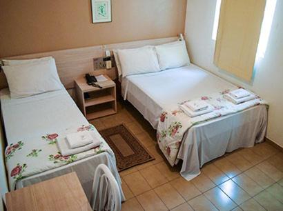 普鲁登特总统城Hotel Nações的酒店客房设有两张床和一张桌子。
