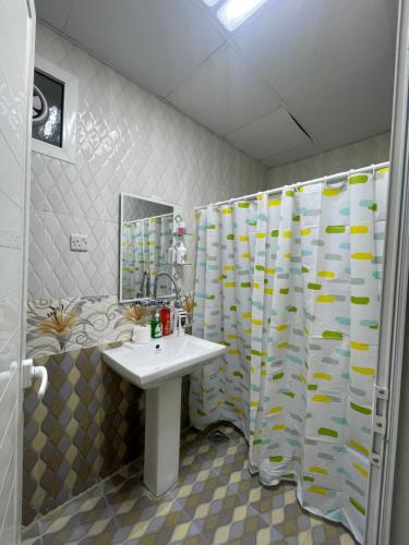 阿布扎比Private 2Bedroom Villa with T&B and Kitchenette near Abu Dhabi International Airport的一间带水槽和淋浴的浴室