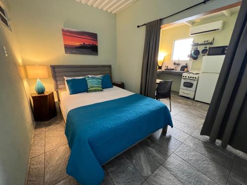 别克斯The Vieques Guesthouse的一间卧室配有一张蓝色床单,还设有一间厨房