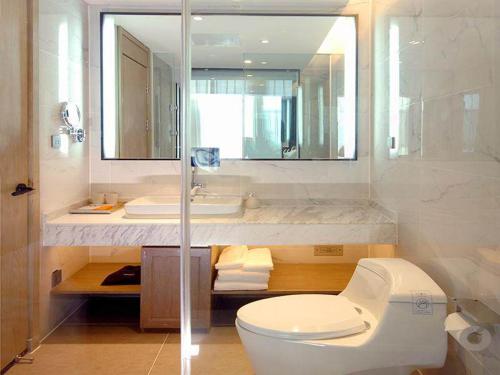 阿拉善左旗凯里亚德酒店(阿拉善左旗店)的一间带卫生间、水槽和镜子的浴室