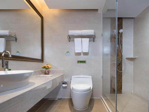 运城维也纳酒店山西运城槐东路店的浴室配有卫生间、盥洗盆和淋浴。
