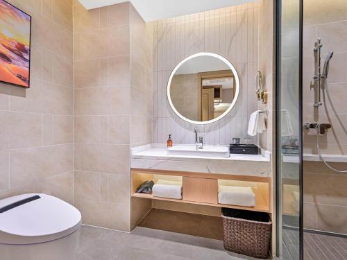 重庆维也纳国际酒店重庆中央公园店5.0的一间带水槽、卫生间和镜子的浴室
