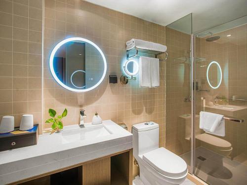 无锡凯里亚德酒店(无锡中山路崇安寺南长街店)的一间带水槽、卫生间和镜子的浴室