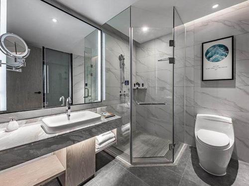 博罗凯里亚德酒店(惠州博罗园洲店)的带淋浴、卫生间和盥洗盆的浴室