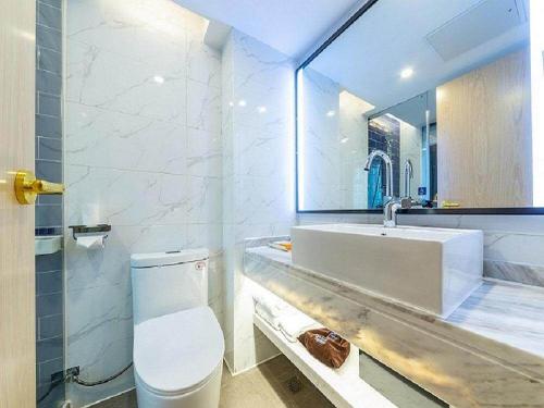 长沙凯里亚德酒店(长沙湘雅店)的一间带水槽、卫生间和镜子的浴室