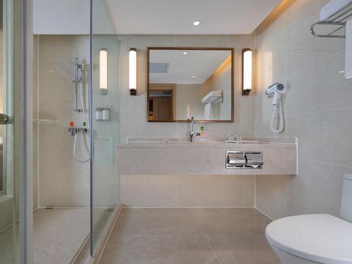 宝安维也纳国际酒店深圳国际会展中心南门店的带淋浴、盥洗盆和卫生间的浴室
