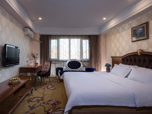 满洲里维也纳智好酒店内蒙古满洲里中苏金街店的卧室配有一张白色大床和电视。