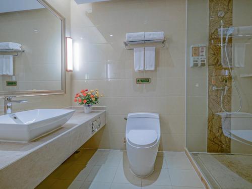重庆维也纳国际酒店重庆冉家坝店的浴室配有卫生间、盥洗盆和淋浴。