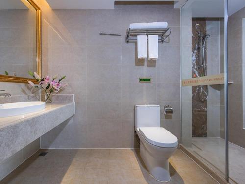 防城维也纳国际酒店广西东兴东盟大道店的浴室配有卫生间、盥洗盆和淋浴。