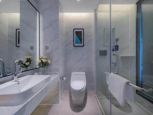 博罗凯里亚德酒店(博罗龙溪店)的一间带水槽、卫生间和淋浴的浴室