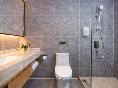 Longnan维也纳国际酒店赣州龙南迎宾大道店的浴室配有卫生间、淋浴和盥洗盆。