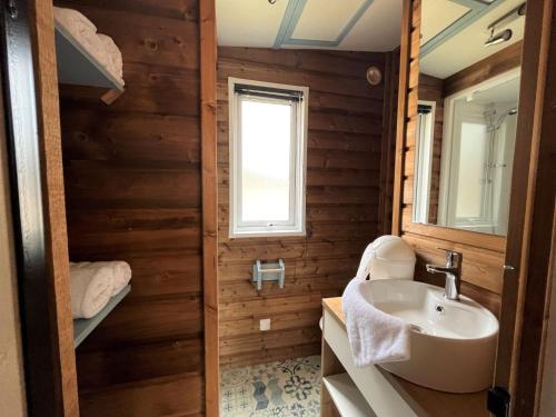 阿格德Camping la Tamarissière的一间带木墙、水槽和窗户的浴室