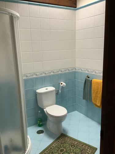 The living mountain的浴室设有白色卫生间和蓝色瓷砖。