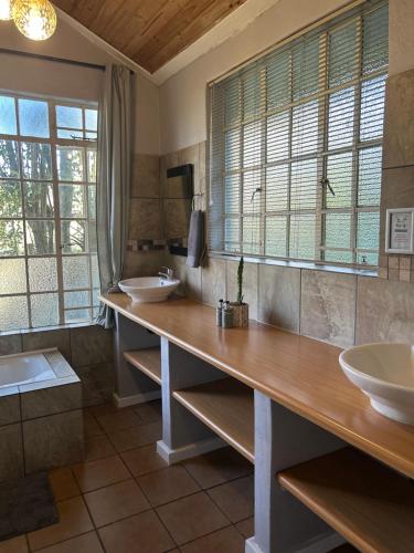 萨比萨比自助公寓的一间带两个盥洗盆和一个带镜子的大柜台的浴室