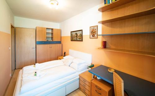 布达佩斯Free parking Amphitheater Apartment - Wifi, AC, TV的小房间设有一张床和一张书桌