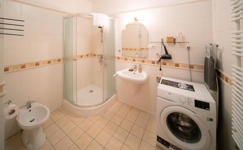 布达佩斯Free parking Amphitheater Apartment - Wifi, AC, TV的浴室配有卫生间水槽和洗衣机。