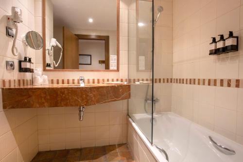 马萨纳Hotel Màgic La Massana的带浴缸、水槽和镜子的浴室
